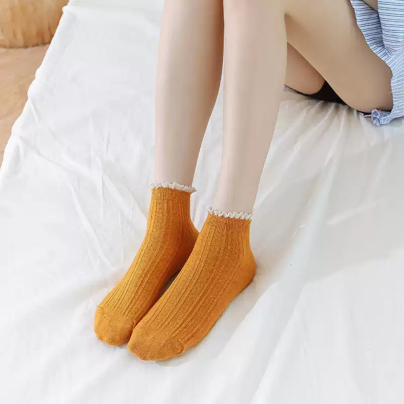 Pastel Ribbed Lace Frill Cotton Ankle Socks (Set of 5)