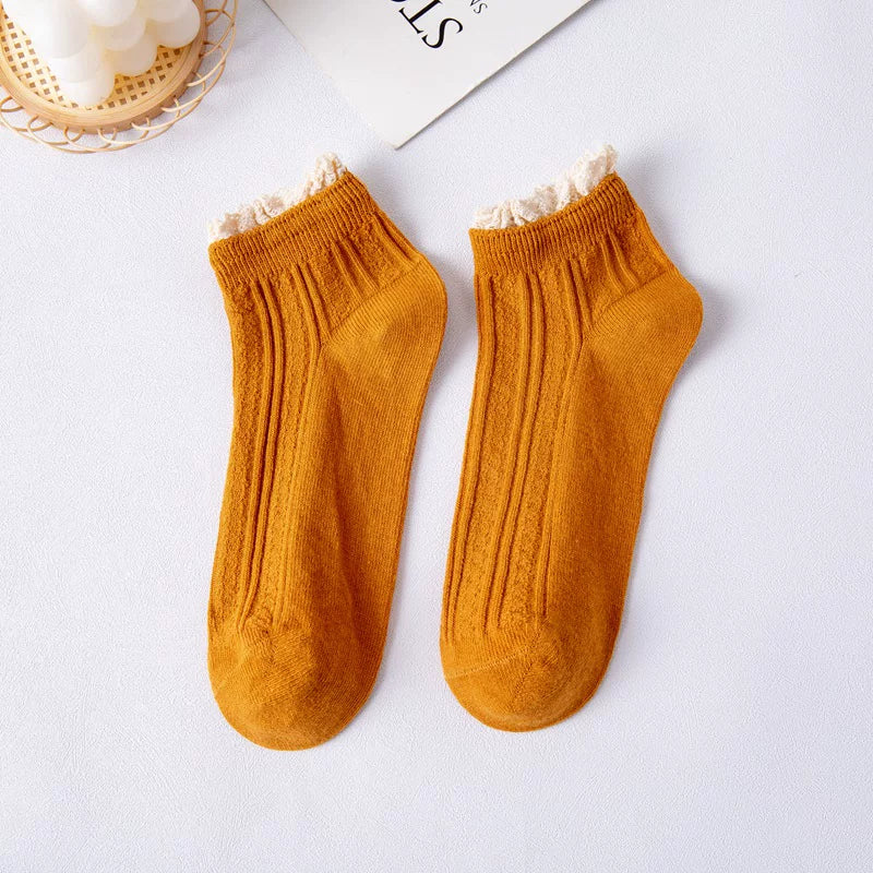 Pastel Ribbed Lace Frill Cotton Ankle Socks (Set of 5)