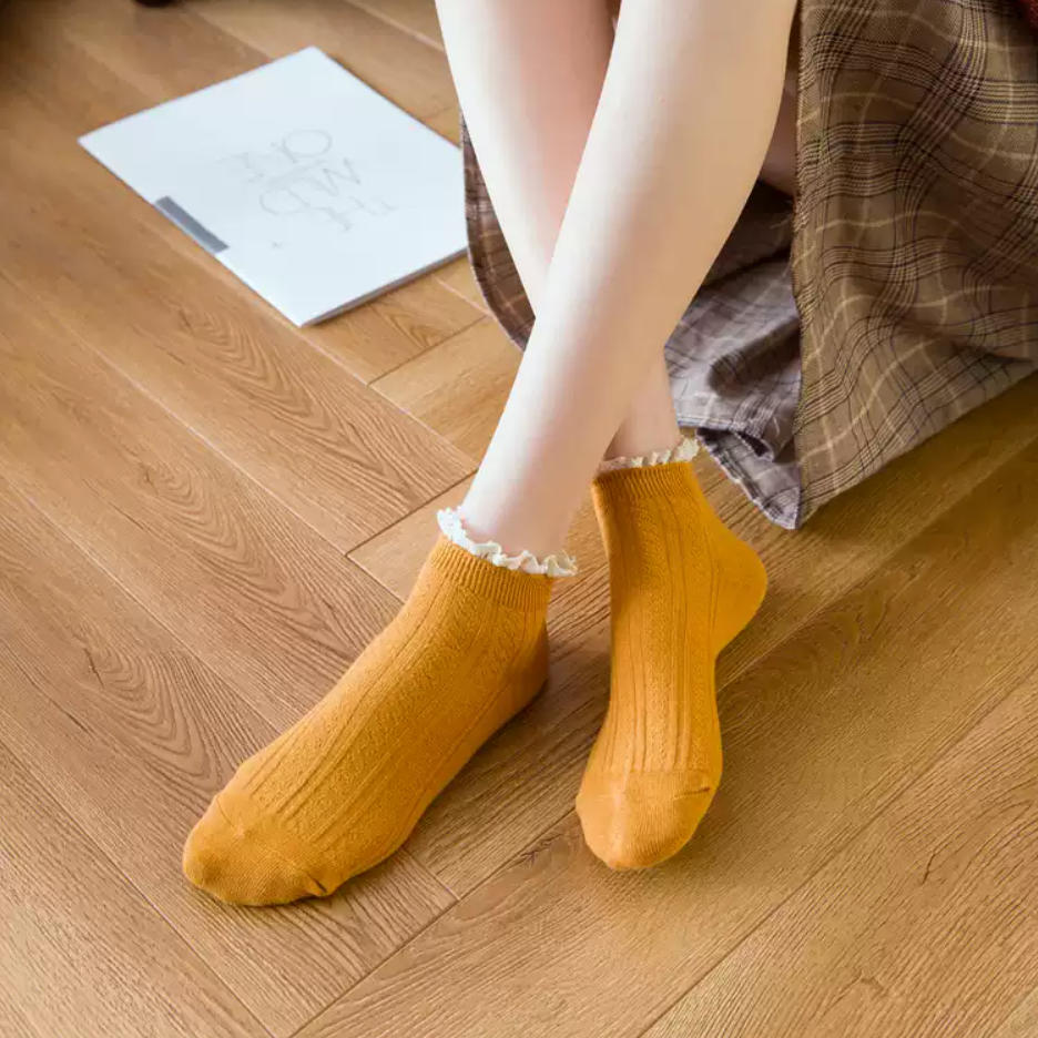Pastel Ribbed Lace Frill Cotton Ankle Socks (Set of 5)