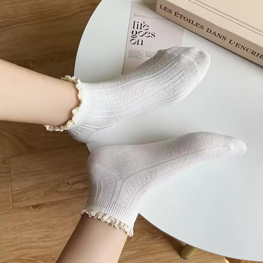 Pastel Ribbed Lace Frill Cotton Ankle Socks (Set of 5)