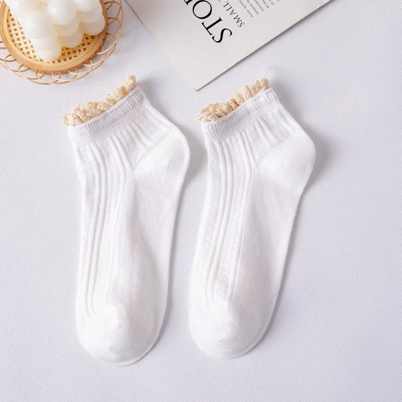 Pastel Ribbed Lace Frill Cotton Ankle Socks (Set of 5)
