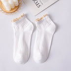 Pastel Ribbed Lace Frill Cotton Ankle Socks (Set of 5)
