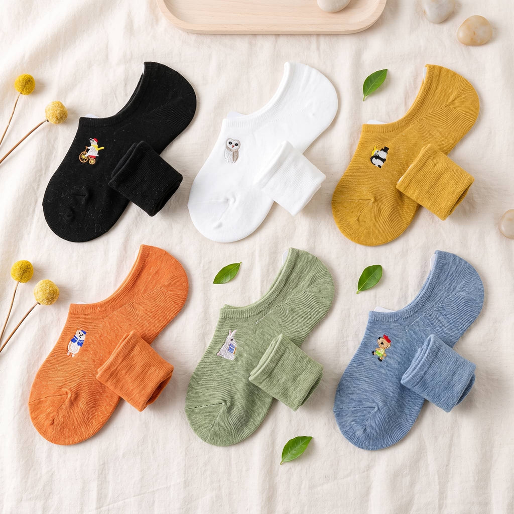 Embroidered Woodland Animal Cotton Low Cut Socks (Set of 6)