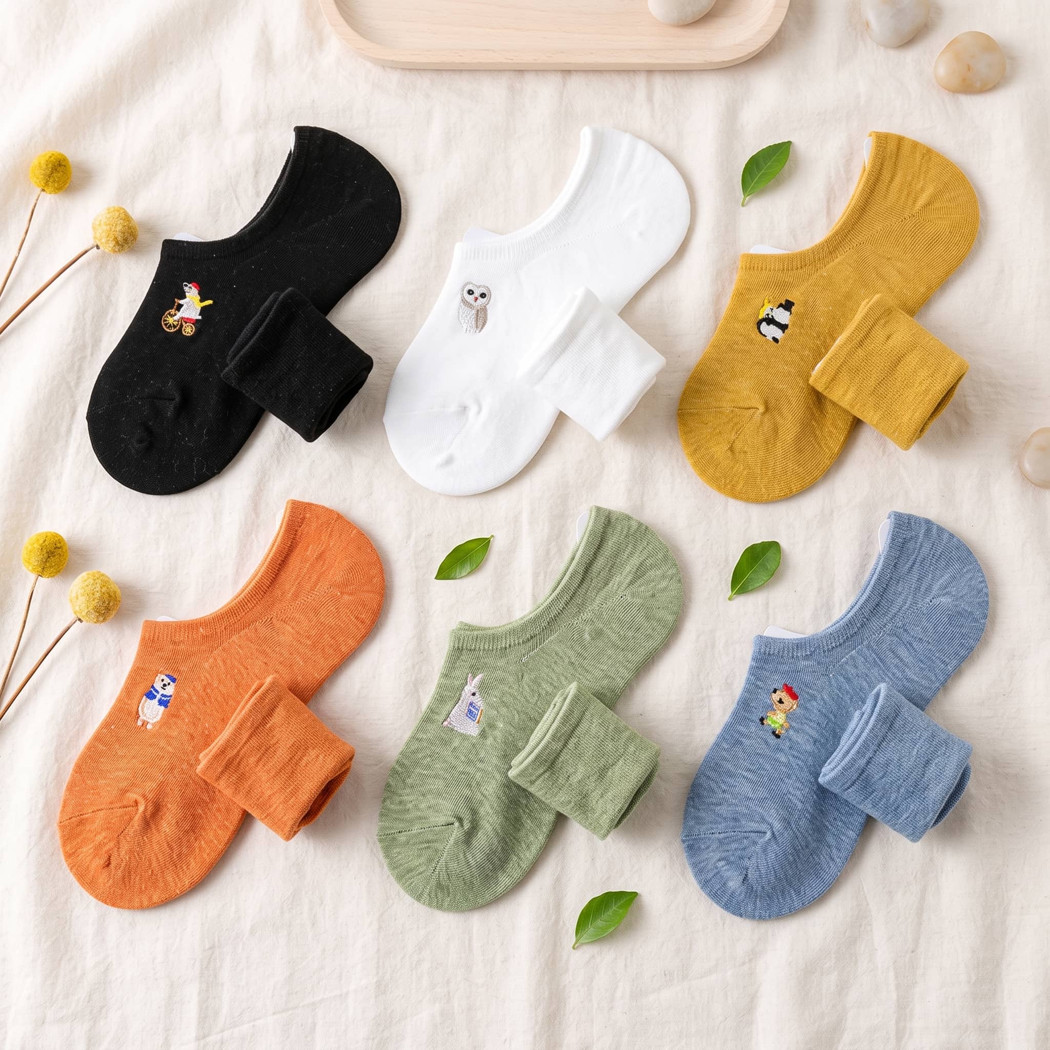 Embroidered Woodland Animal Cotton Low Cut Socks (Set of 6)