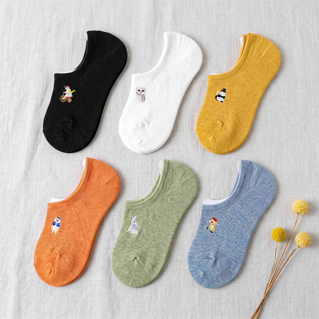 Embroidered Woodland Animal Cotton Low Cut Socks (Set of 6)