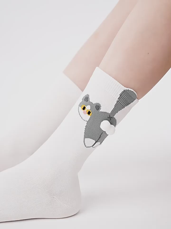 Japanese Quirky 3D Pompom Cat Cotton Crew Socks (Set of 4)